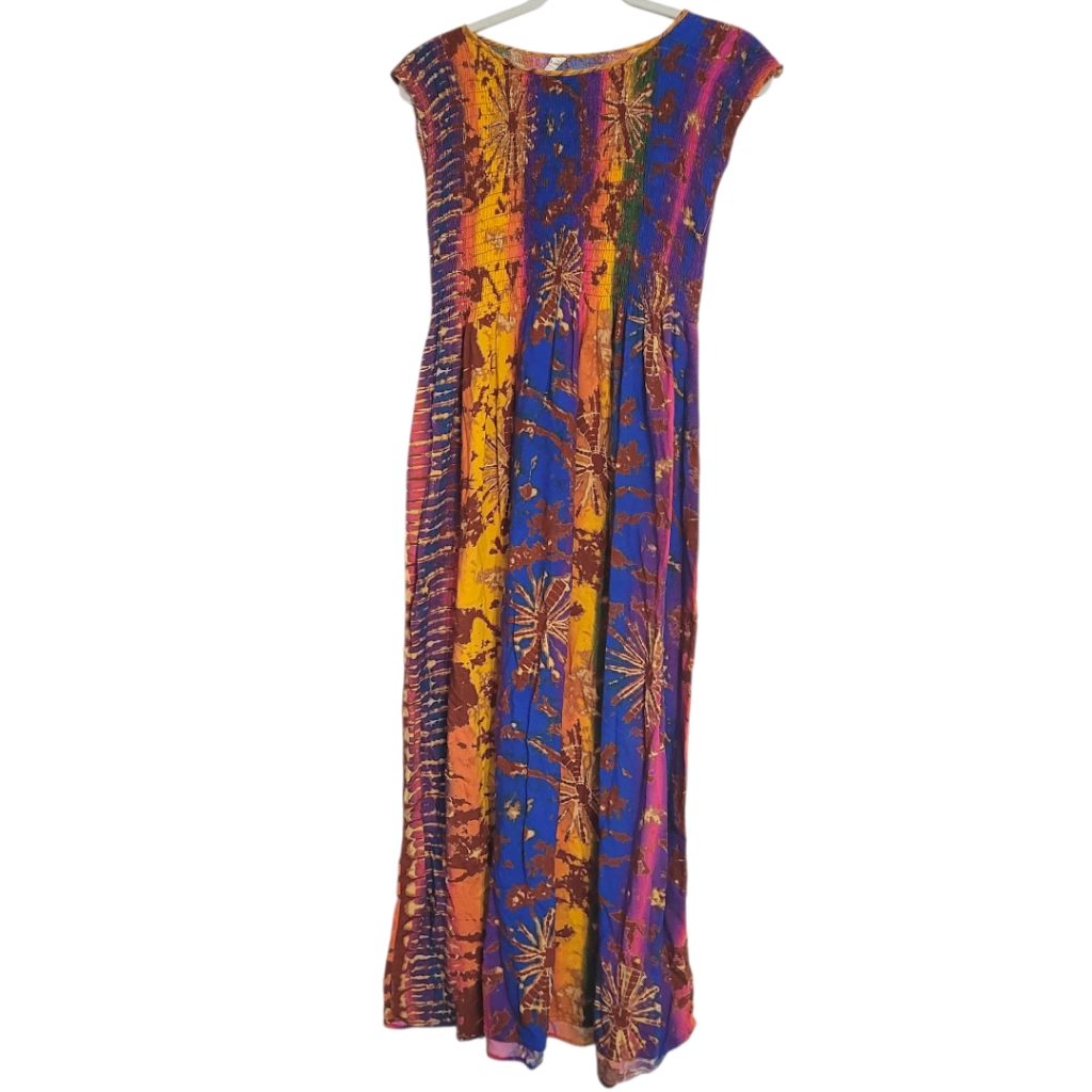 Women's M/L Boho Midi Dress Cap Sleeve Colorful Bright Artsy Smocked Strechy